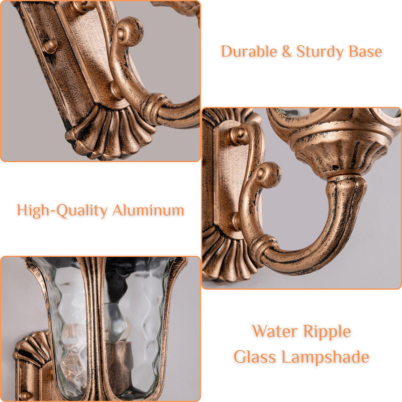 "Outdoor waterproof bronze wall light with clear water glass shade, elegant design for stylish exterior lighting."