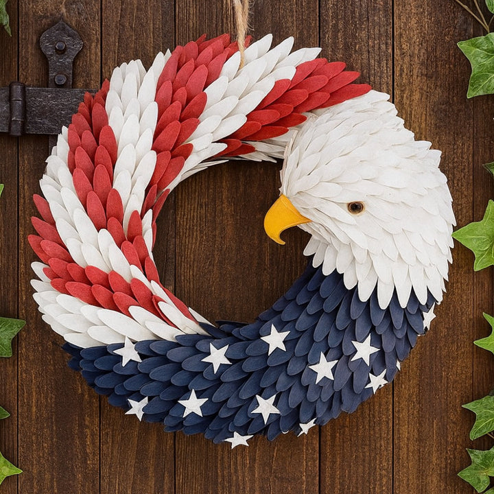 Patriotic eagle wreath wall art, perfect for Memorial Day, 4th of July, or Veterans Day home decor.