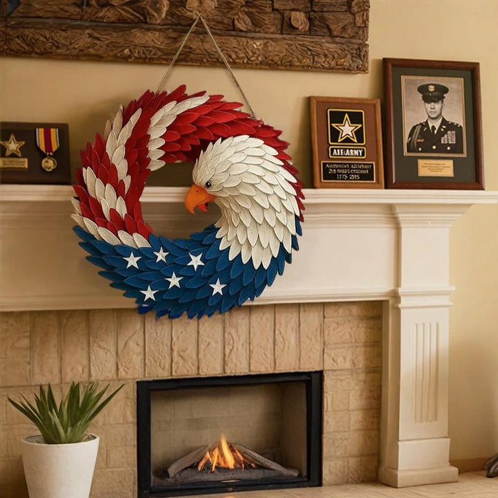 Rustic farmhouse style patriotic eagle wreath wall art for indoor or outdoor display on home or patio.