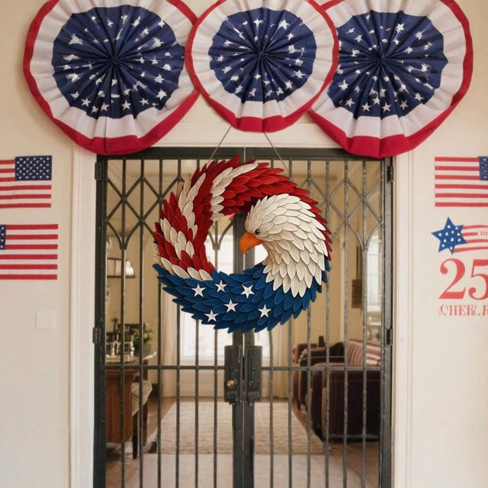 Unique patriotic eagle wreath wall art, a stunning American themed focal point for rustic home decor.