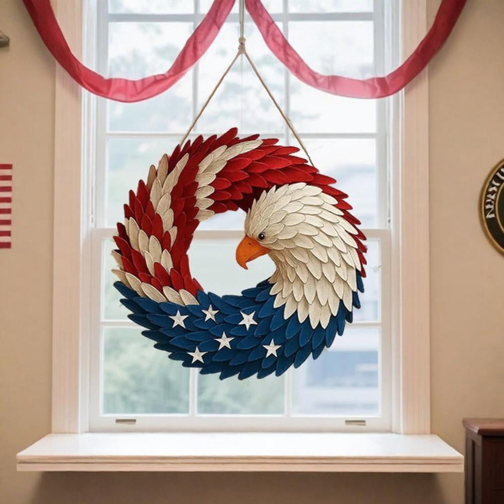 Durable patriotic eagle wreath, ideal outdoor patio wall art or indoor rustic decor for American homes.