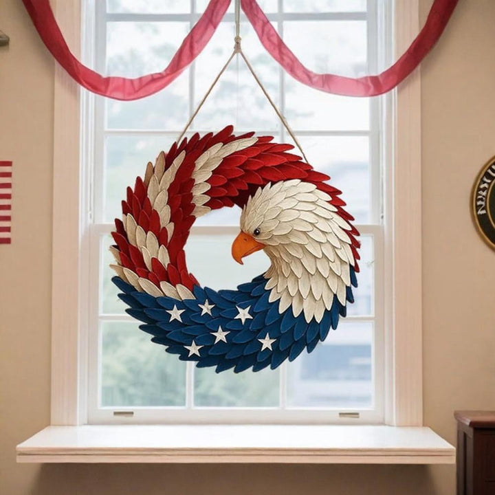 Durable patriotic eagle wreath, ideal outdoor patio wall art or indoor rustic decor for American homes.
