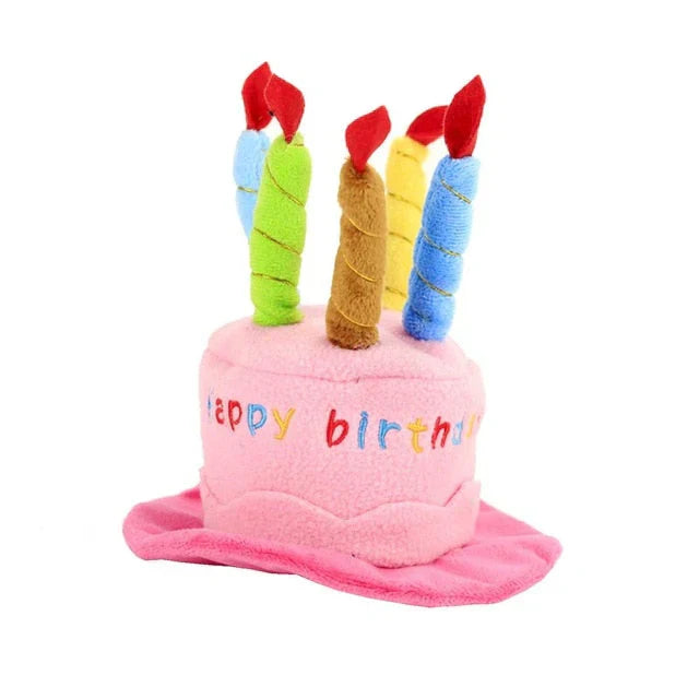 "Pet birthday cake hat for cats and small dogs with colorful candles in soft fleece, festive design for celebrations"