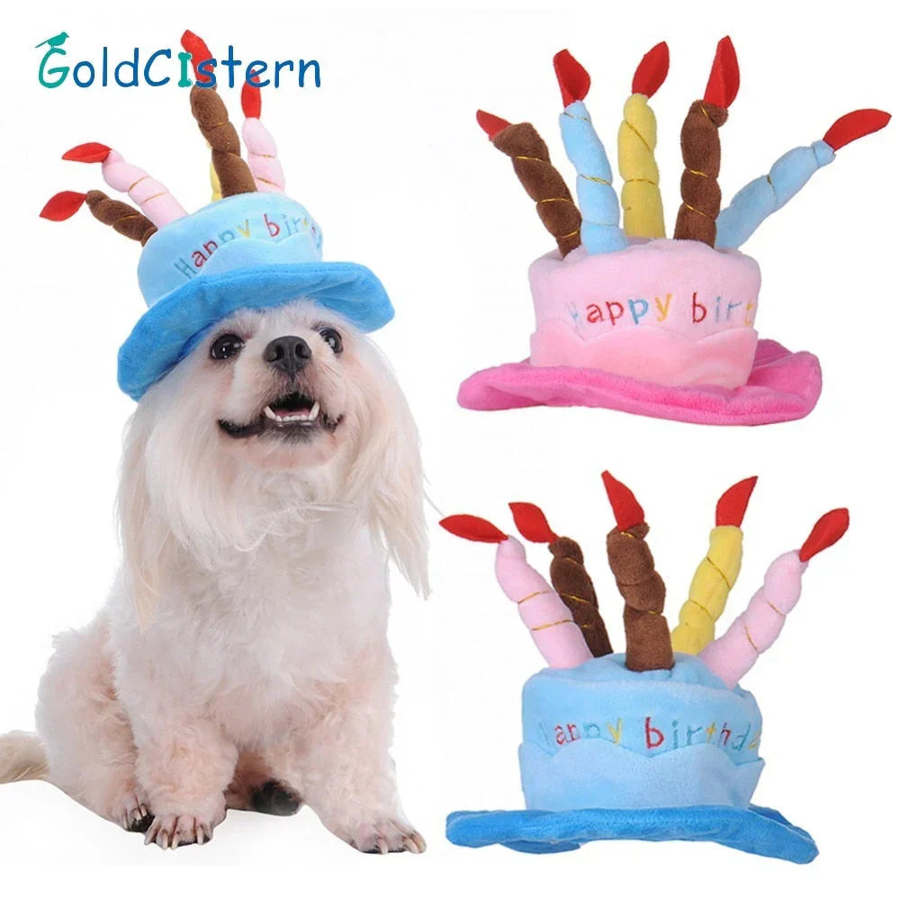 "Pet birthday cake hat for cats and small dogs with colorful candles in soft fleece, festive design for celebrations"