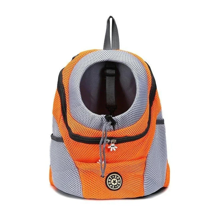 "Pet carrier backpack with safety straps, ergonomic design, breathable mesh, for dogs up to 15 kg, outdoor travel"