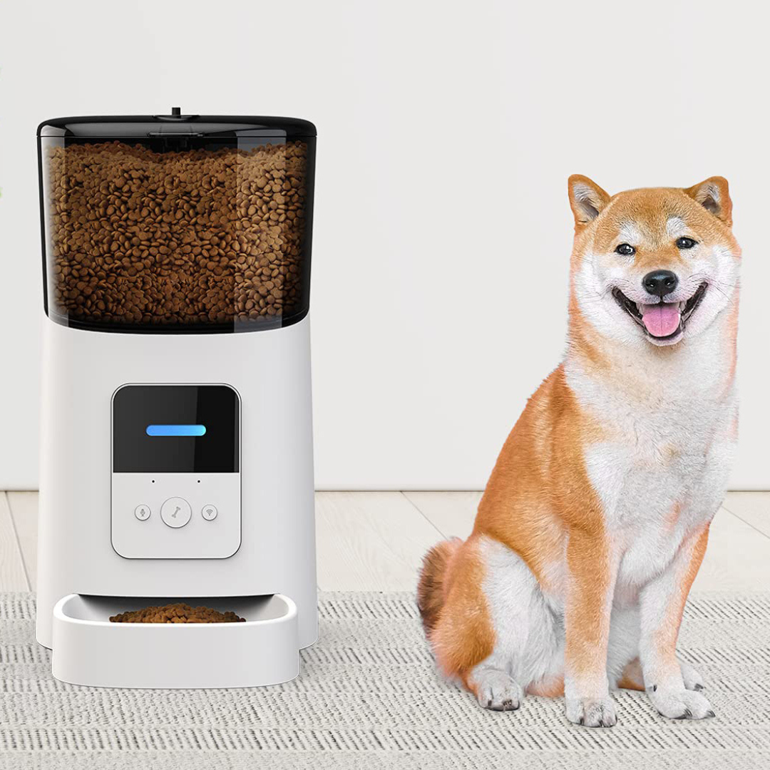 "Pet feeding station with smart features, front view. Automatic meal scheduling and portion control for consistent pet nutrit