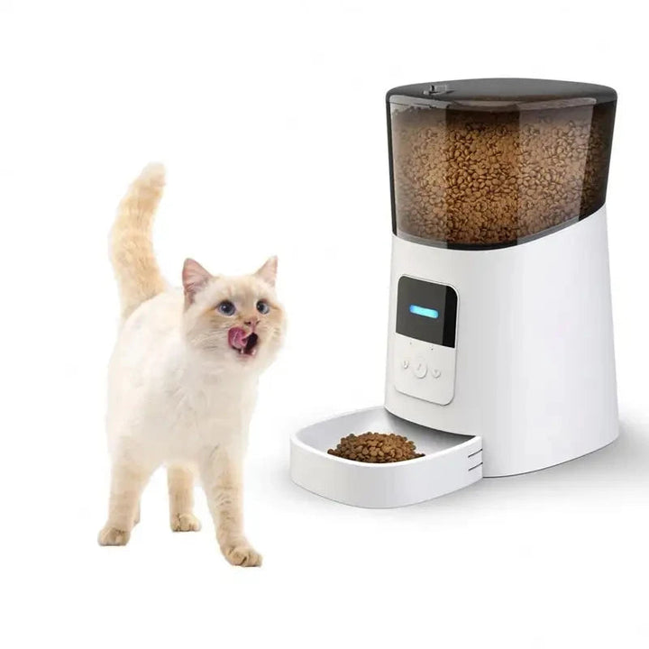 "Pet feeding station with smart features, front view. Automatic meal scheduling and portion control for consistent pet nutrit