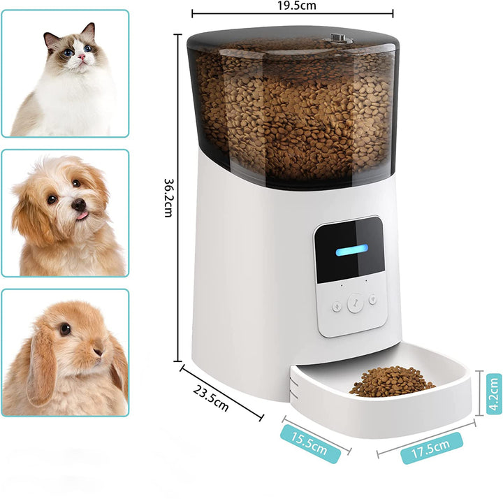 "Pet feeding station with smart features, front view. Automatic meal scheduling and portion control for consistent pet nutrit