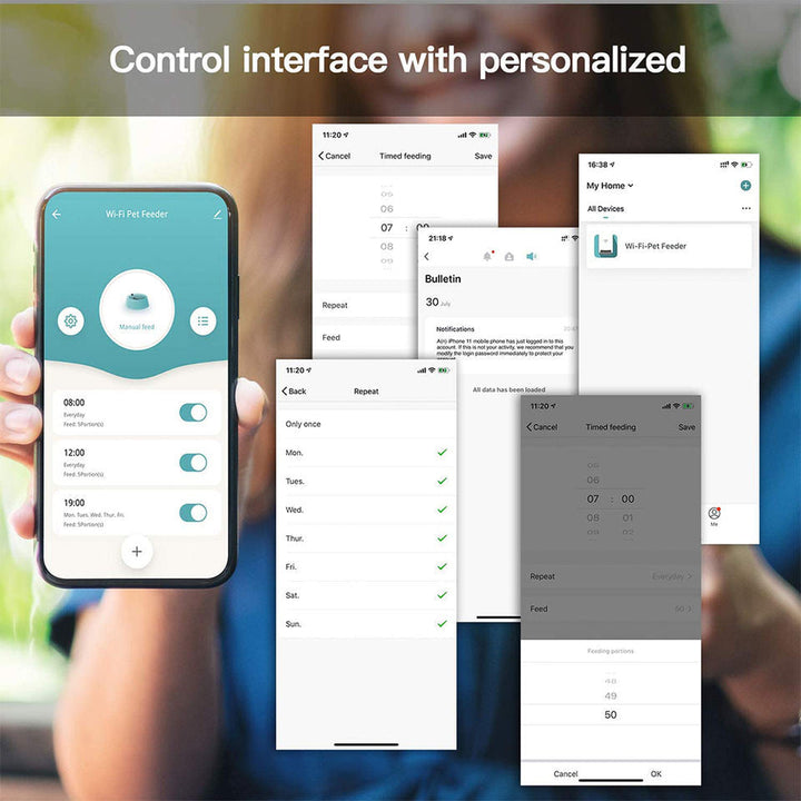 "Pet feeding station with smart features, front view. Automatic meal scheduling and portion control for consistent pet nutrit