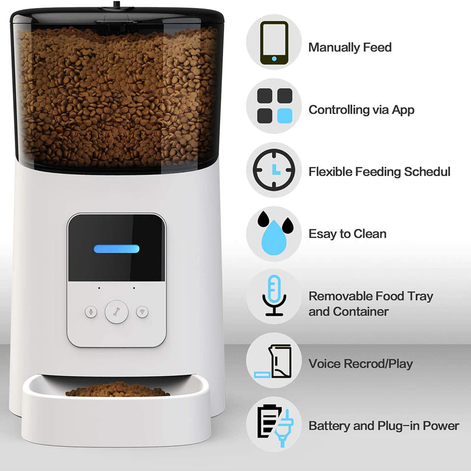 "Pet feeding station with smart features, front view. Automatic meal scheduling and portion control for consistent pet nutrit