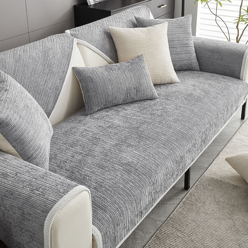 Pet-friendly striped chenille sofa cover anti-scratch design in soft fabric, adds chic style and protects furniture from dama