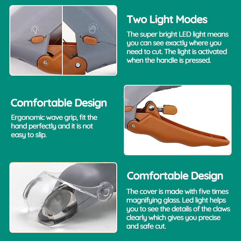 "Pet nail clipper with LED light, stainless steel blade, protective sensor for safe, precise dog and cat nail grooming."