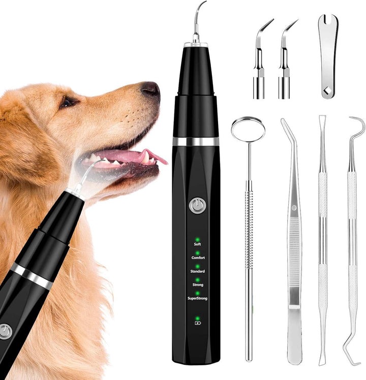 Pet ultrasonic tooth cleaner for gentle dog & cat plaque & tartar removal, enhancing dental hygiene.