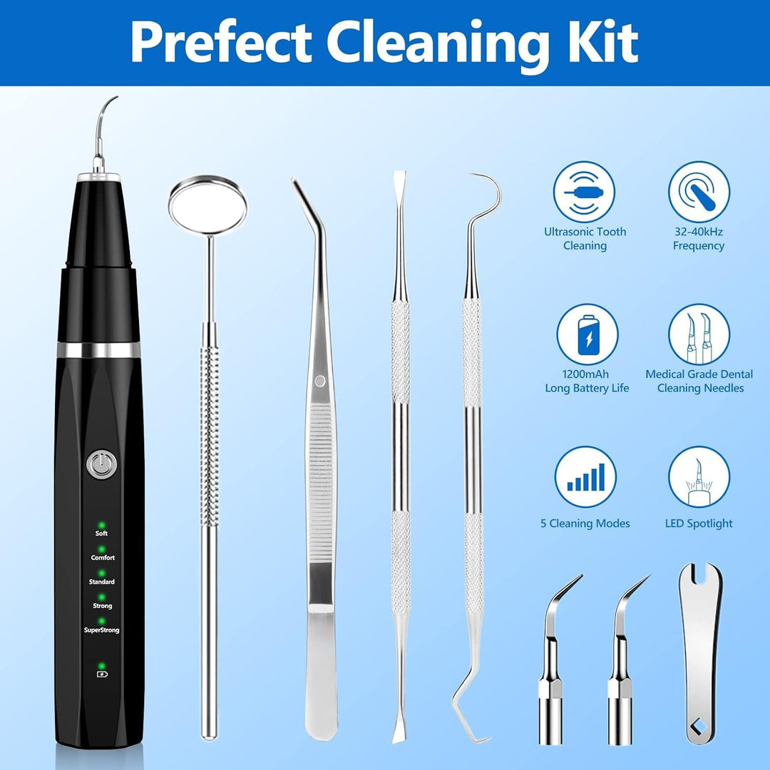 Home pet dental care: ultrasonic tooth cleaner for dog & cat plaque & tartar removal and oral hygiene.