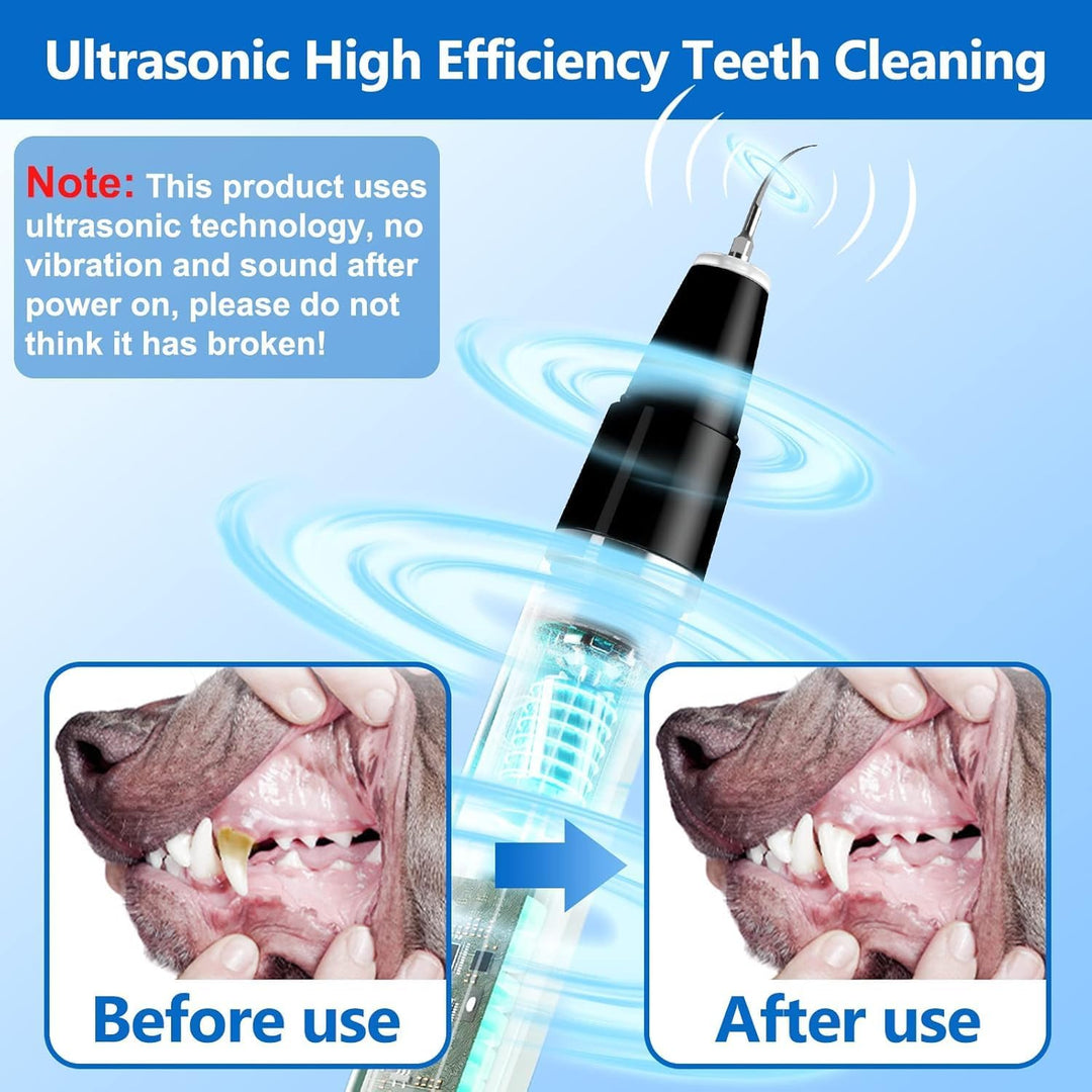 Easy-to-use ultrasonic pet tooth cleaner for home dental care, removing plaque & tartar effectively.