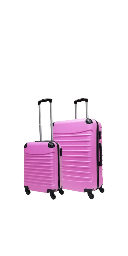 Pink 2-piece hardshell luggage set for travel, durable wheeled suitcases, carry-on & checked bag for trips.