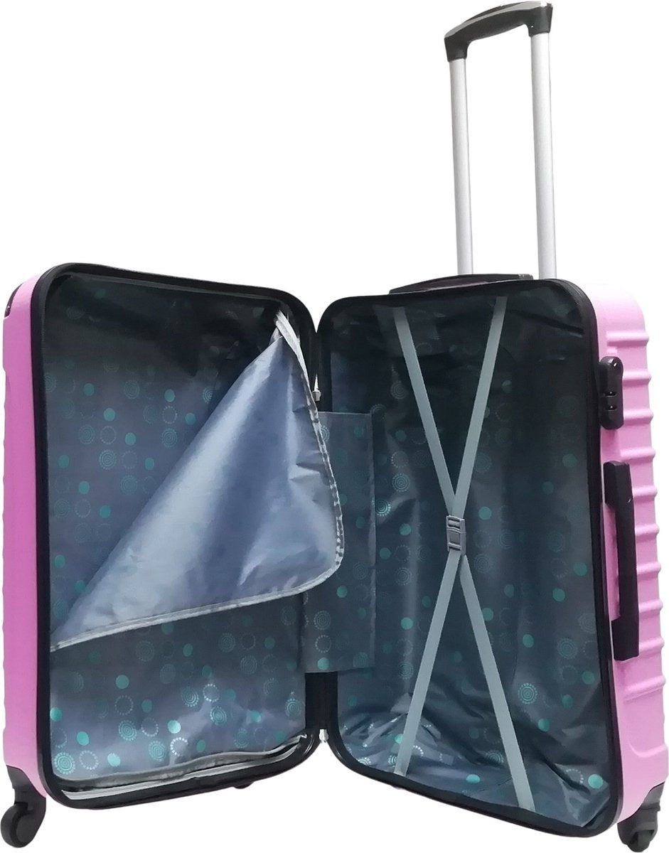 Pink hardshell 2-piece wheeled luggage set for travel, carry-on & checked bag for easy airport navigation.