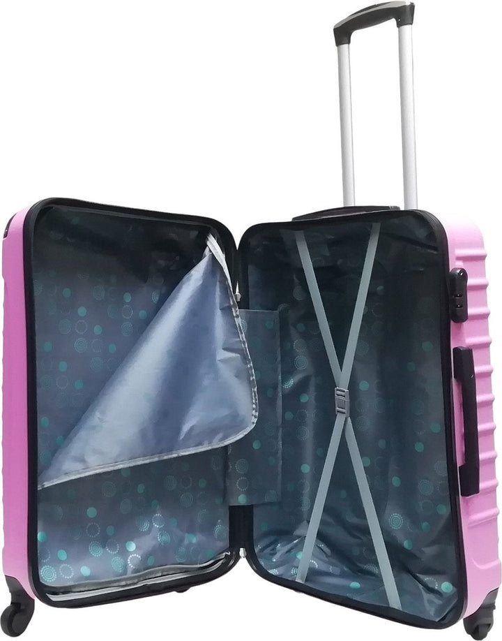Pink hardshell 2-piece wheeled luggage set for travel, carry-on & checked bag for easy airport navigation.