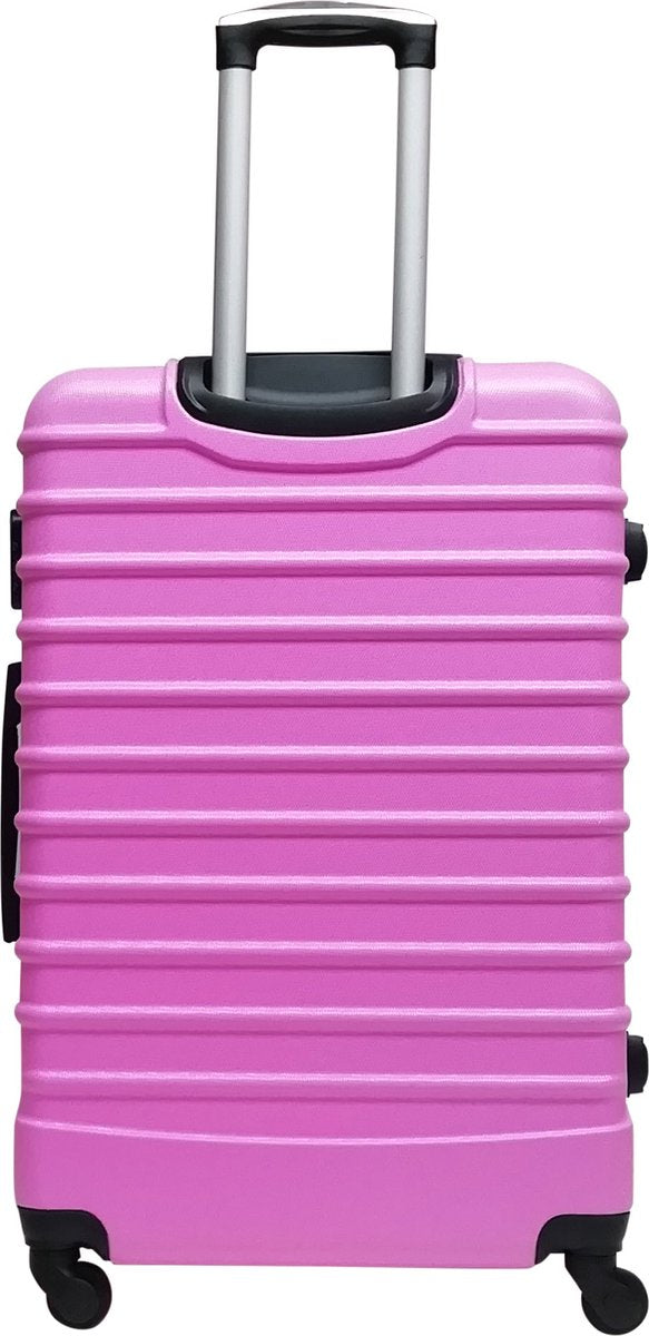 Pink hardshell 2-piece luggage set for travel, includes wheeled carry-on and checked bag with secure zippers.