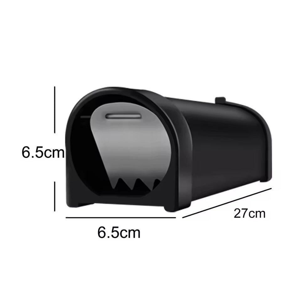 "Plastic rat trap cage with bionic design, sleek black finish, humane no-kill, efficient pest control, easy to use and clean.