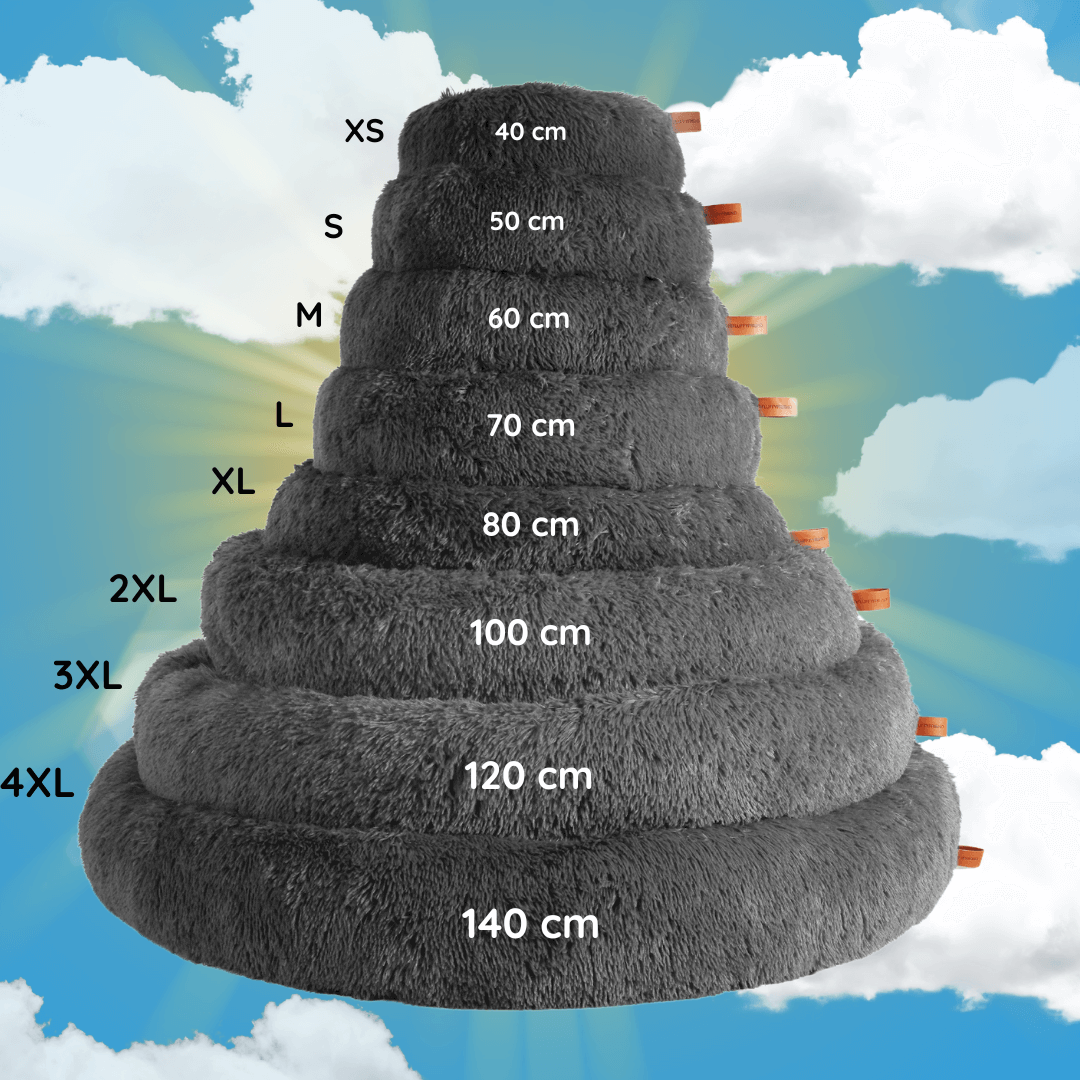 "Plush apricot donut dog bed, anxiety-relieving, round with raised rim, faux fur, for dogs to curl up comfortably."