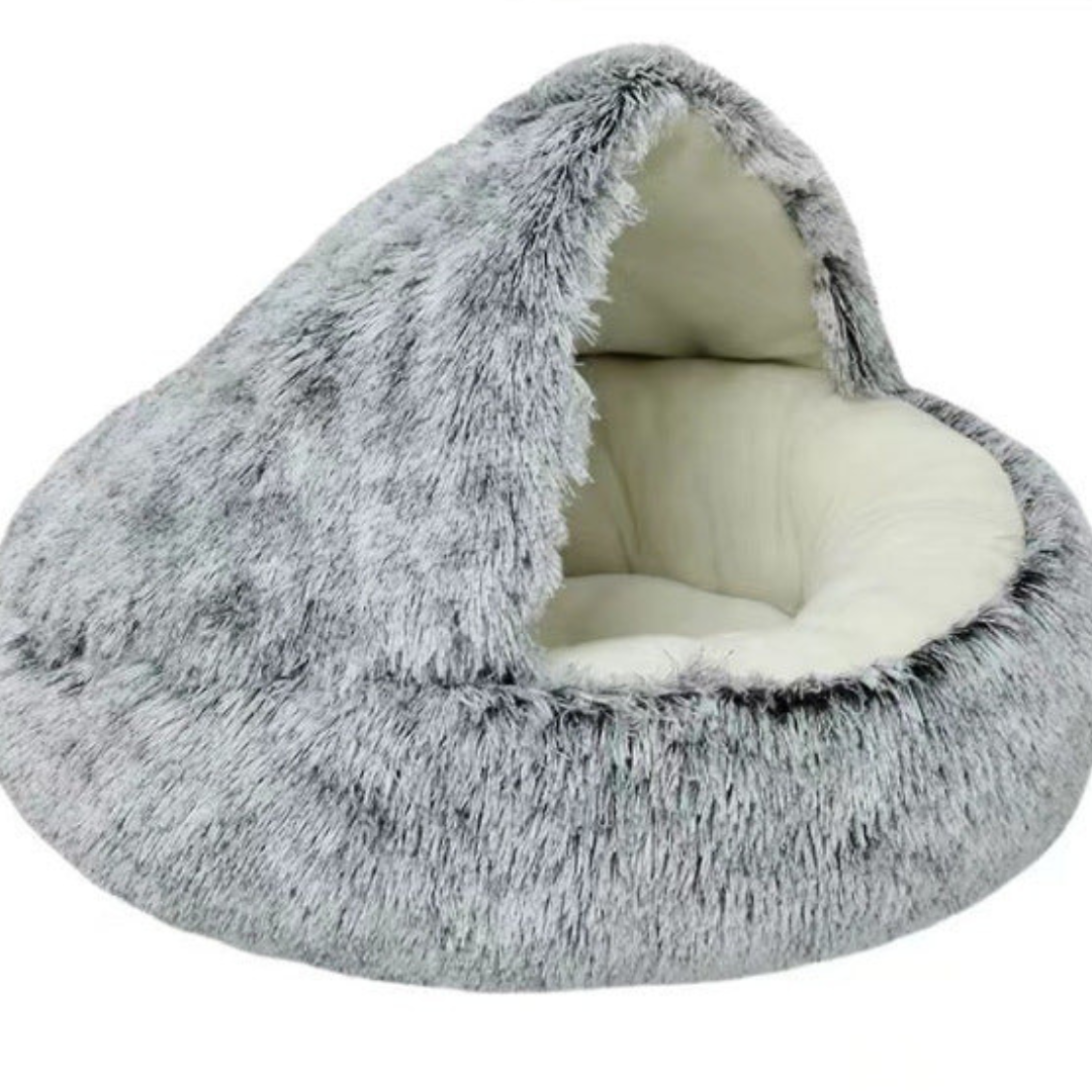 "Plush cat cuddle cave with hood, featuring a cozy, covered design for warmth and comfort in pet supplies product."