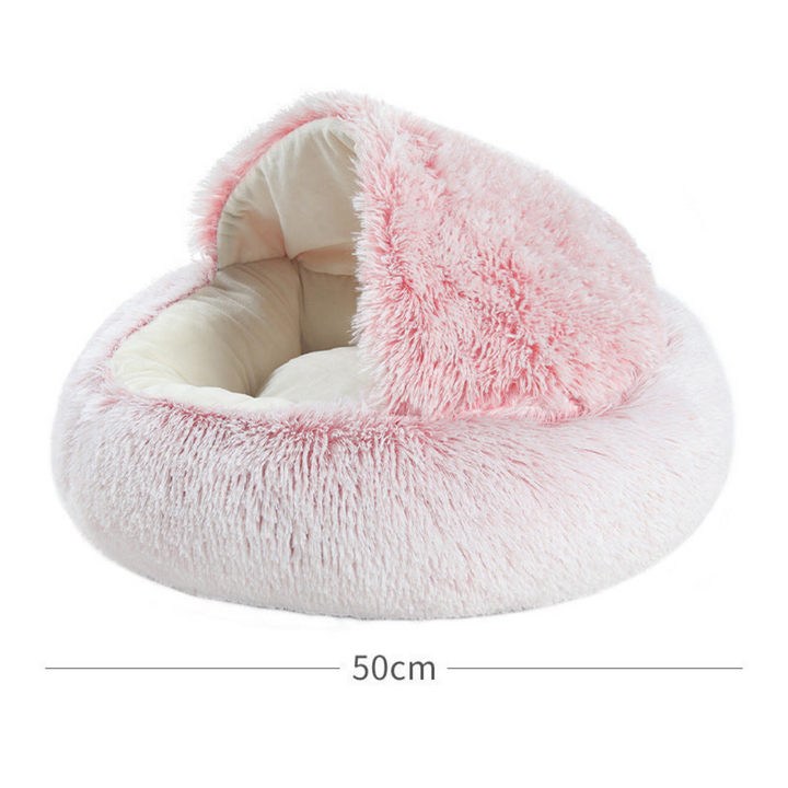 "Plush cat cuddle cave with hood, featuring a cozy, covered design for warmth and comfort in pet supplies product."
