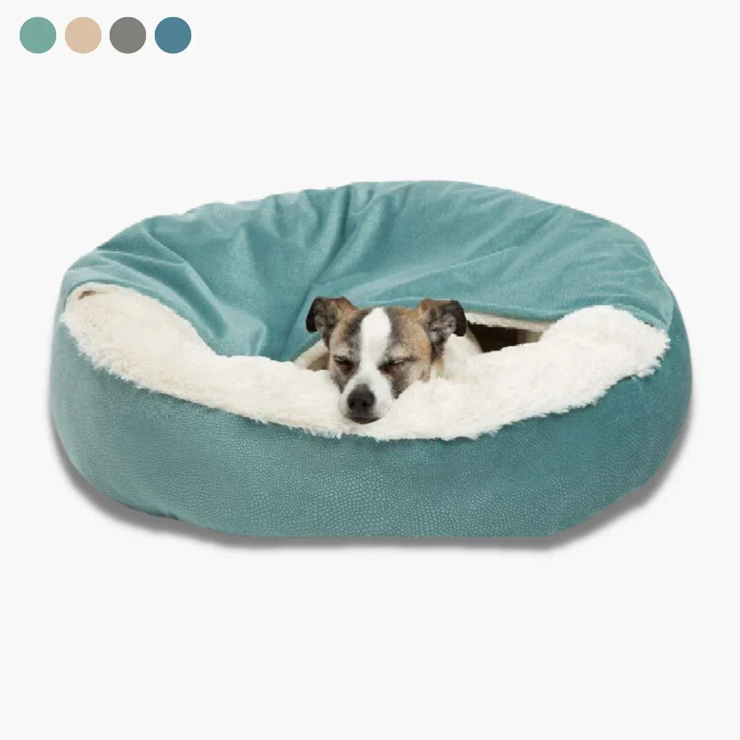 "Plush faux fur pet cave bed for cats and dogs, beige color, offering cozy comfort and security with orthopedic support."