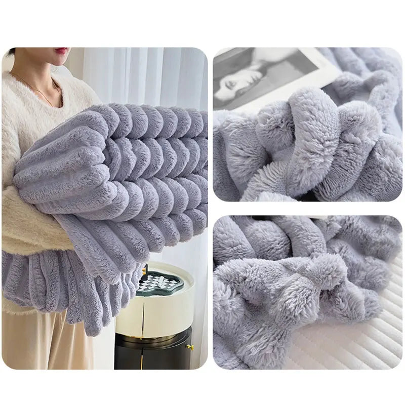 Thick plush luxury blanket, ideal for snuggling, adding warmth and a touch of sophisticated comfort to your space.