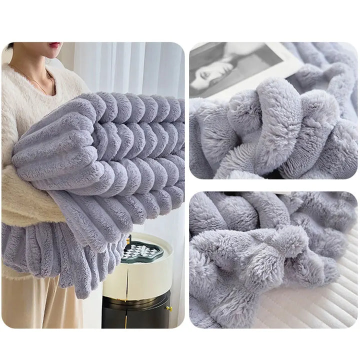 Thick plush luxury blanket, ideal for snuggling, adding warmth and a touch of sophisticated comfort to your space.