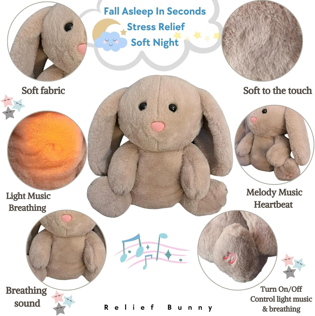 Plush teddy for kids with glowing nightlight, soothing heartbeat, realistic breathing; provides comfort and relaxation.