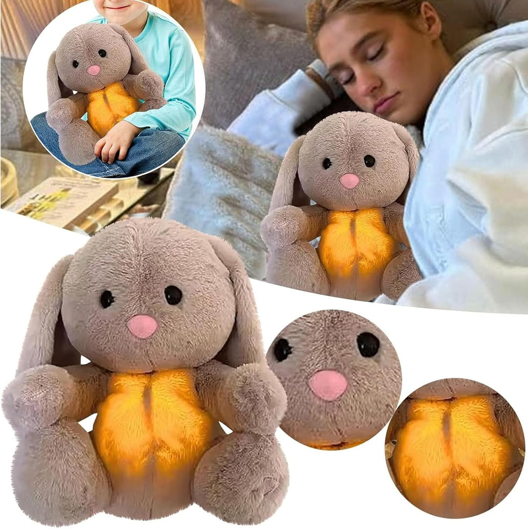 Plush teddy for kids with glowing nightlight, soothing heartbeat, realistic breathing; provides comfort and relaxation.