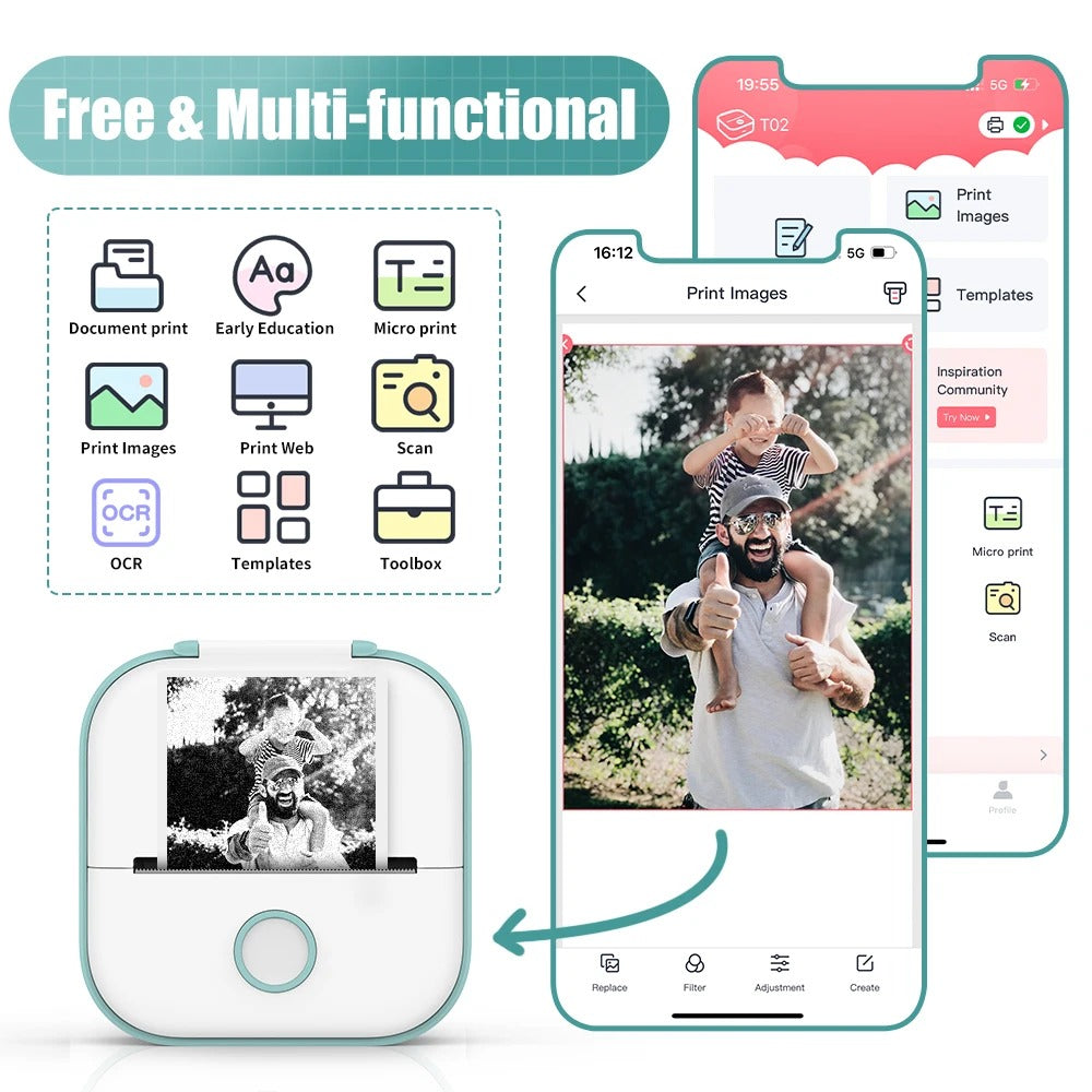 Pocket-sized inkless thermal photo printer. Sleek, compact design perfect for easy, portable instant printing.