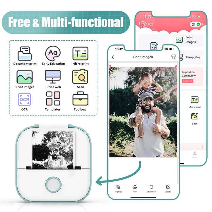 Pocket-sized inkless thermal photo printer. Sleek, compact design perfect for easy, portable instant printing.