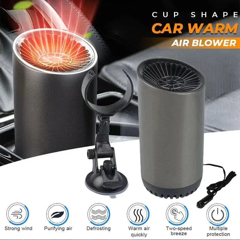 Compact portable car heater & defroster plugged into 12V outlet, ready for fast windshield clearing.