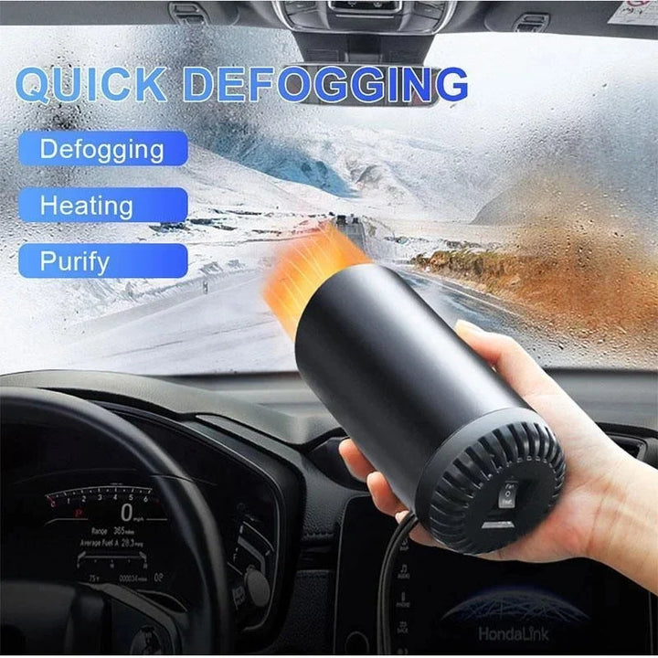 Car heater & defroster blowing warm air onto a frosty windshield, quickly clearing it for visibility.
