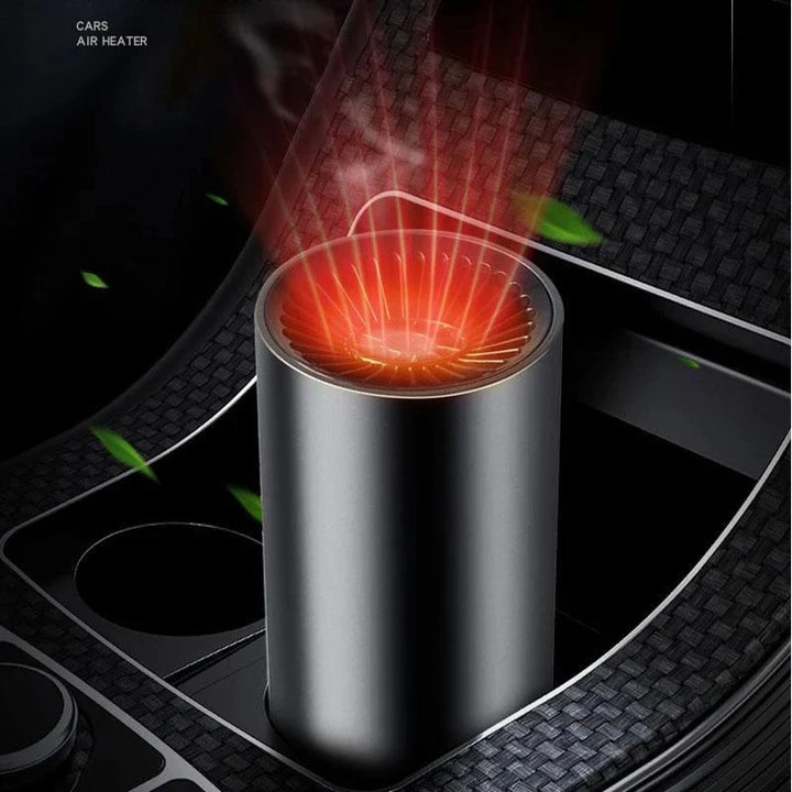Small portable auto warmer heating vehicle interior, enhancing comfort during cold winter driving.