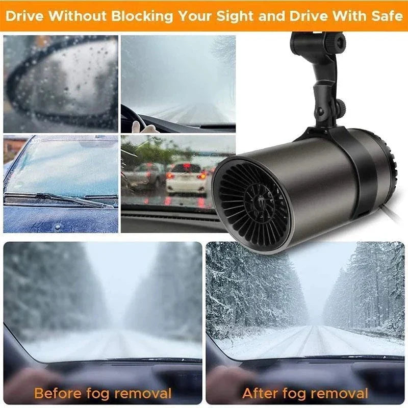 Fast heating portable car defroster for rapid windshield defogging & ice melting, improving visibility.