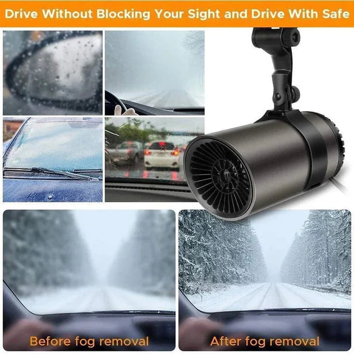 Fast heating portable car defroster for rapid windshield defogging & ice melting, improving visibility.
