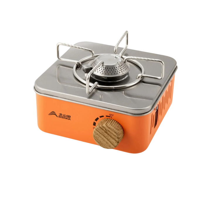 "Portable 2800W camping gas stove with compact design and carry case for efficient outdoor cooking and stability."