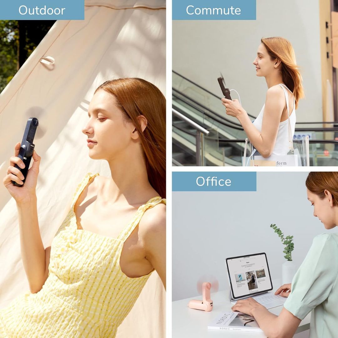 "Portable 3-in-1 mini fan with flashlight, power bank; sleek compact design, ideal for travel, outdoor activities."