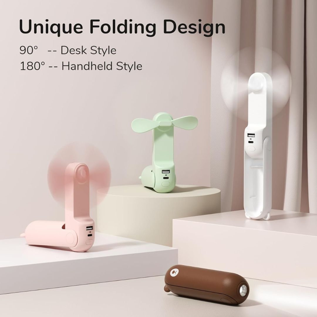 "Portable 3-in-1 mini fan with flashlight, power bank; sleek compact design, ideal for travel, outdoor activities."