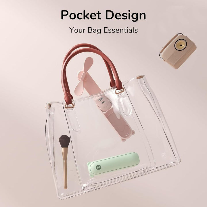 "Portable 3-in-1 mini fan with flashlight, power bank; sleek compact design, ideal for travel, outdoor activities."