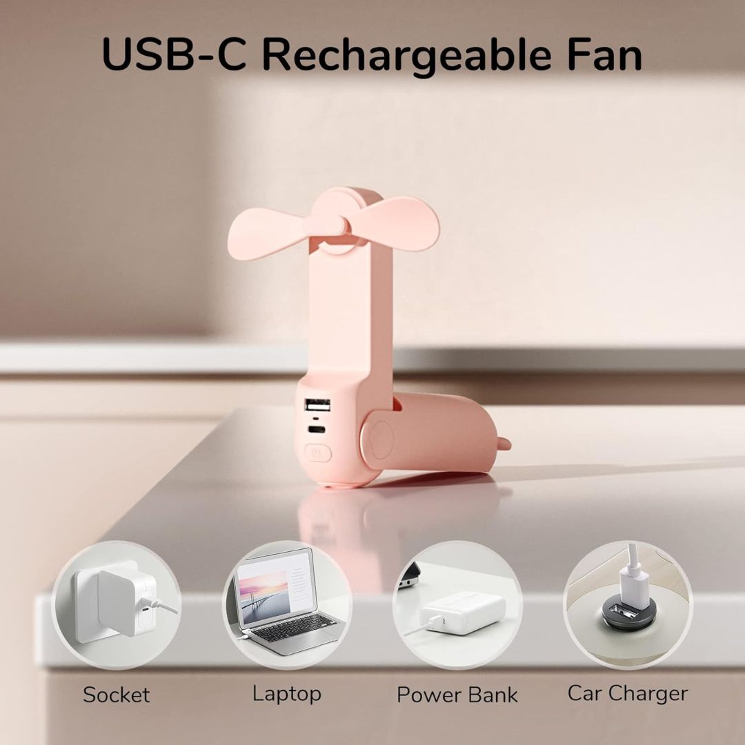 "Portable 3-in-1 mini fan with flashlight, power bank; sleek compact design, ideal for travel, outdoor activities."