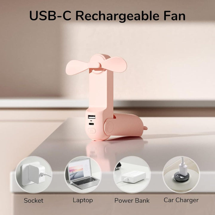 "Portable 3-in-1 mini fan with flashlight, power bank; sleek compact design, ideal for travel, outdoor activities."