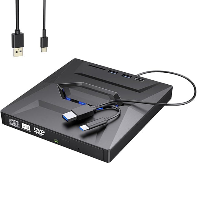Portable 7-in-1 external DVD/CD drive & USB hub for laptops. CD writer, DVD player, SD card reader.