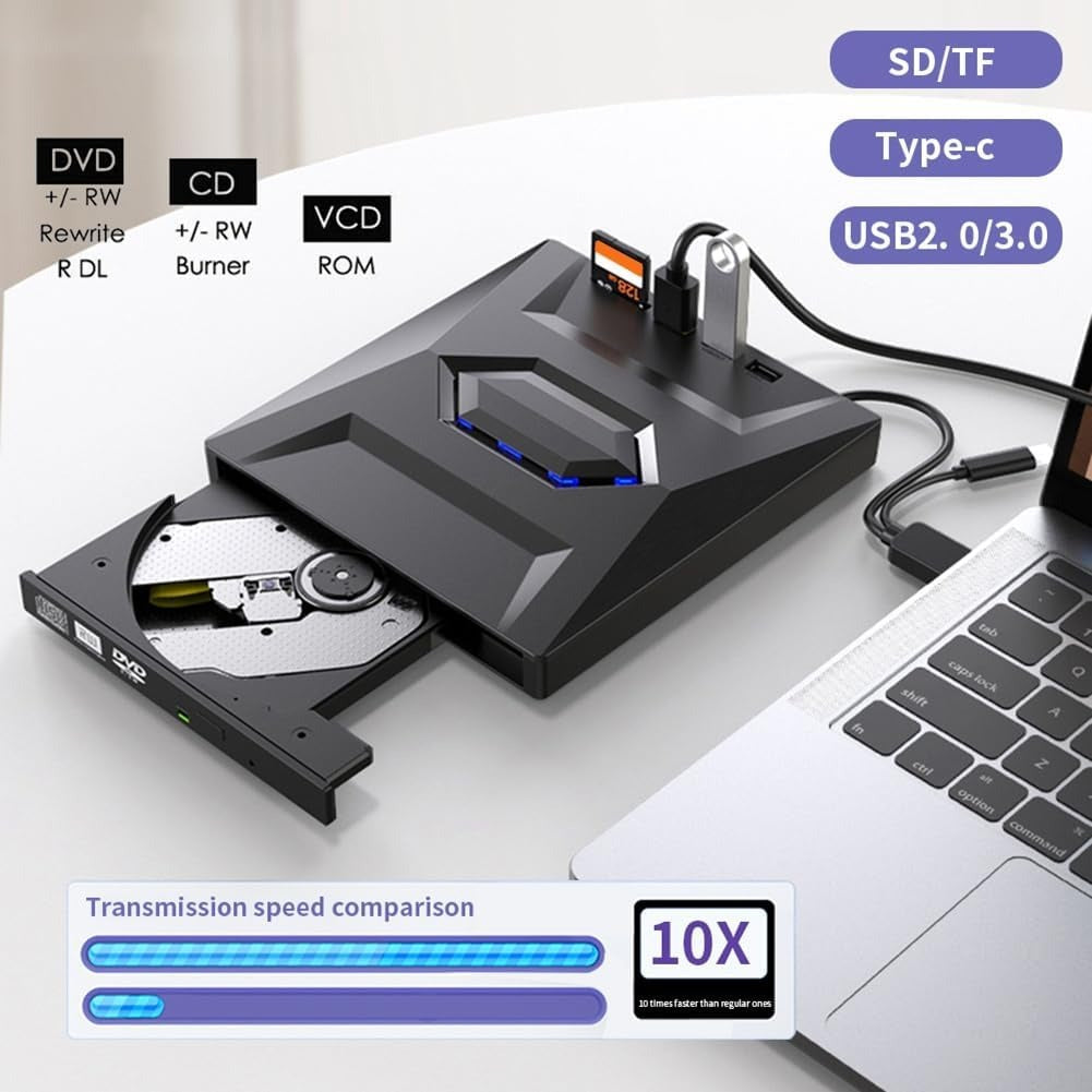 Versatile external USB hub with DVD/CD writer for laptops. Includes SD card reader and data transfer ports.