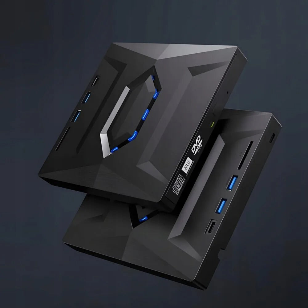 7-in-1 external DVD/CD writer & player. Multi-functional USB hub with SD card reader for laptop data transfer.