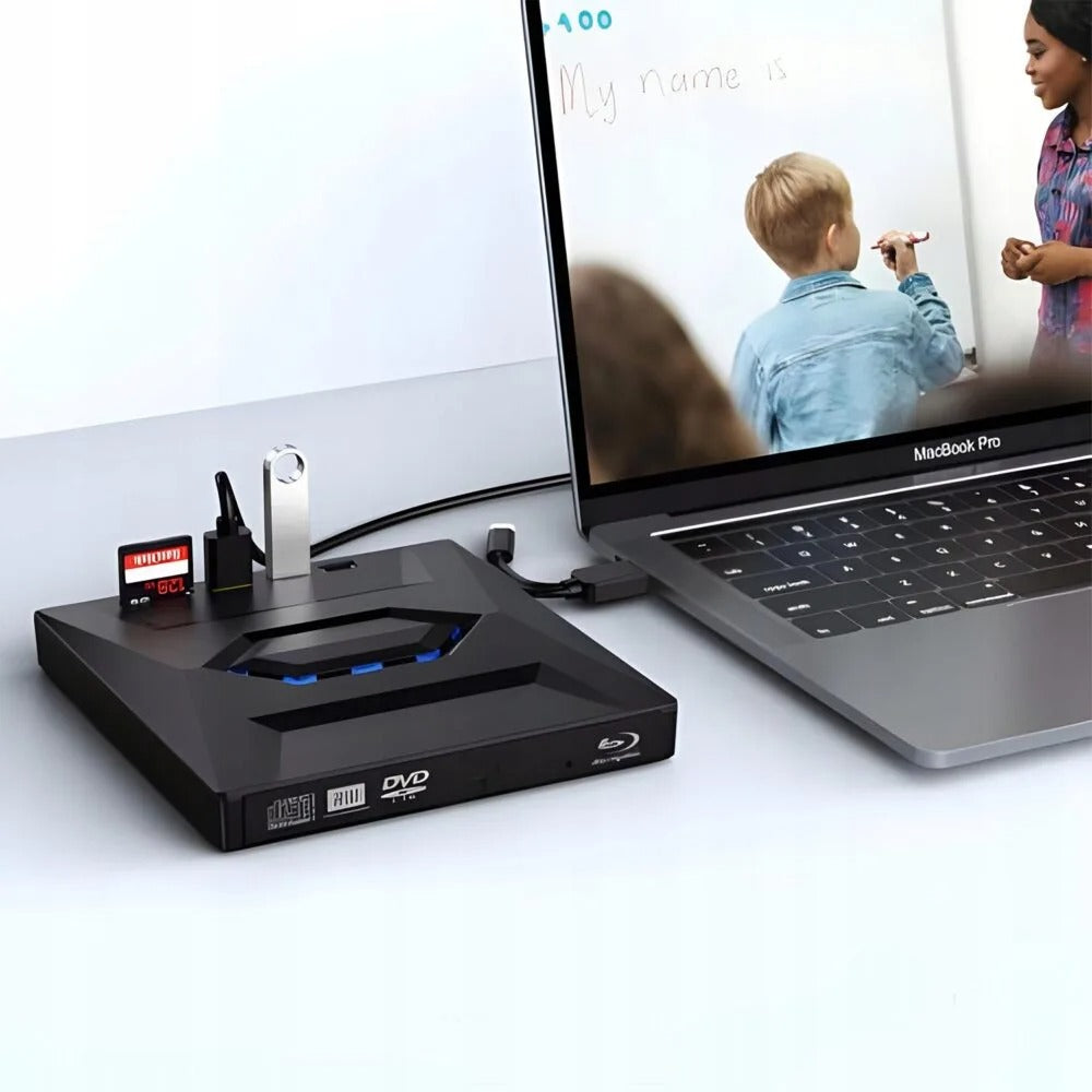 Sleek portable external DVD drive & CD writer. USB hub with SD card reader enhances laptop and desktop connectivity.