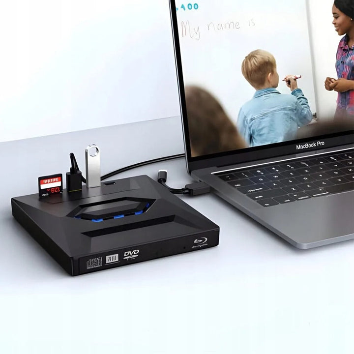 Sleek portable external DVD drive & CD writer. USB hub with SD card reader enhances laptop and desktop connectivity.